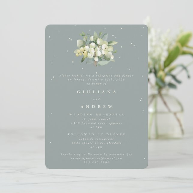Seafoam Snowberry+Eucalyptus Wedding Rehearsal Invitation (Standing Front)