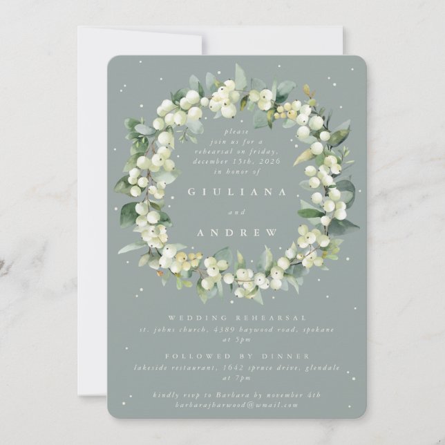 Seafoam Snowberry+Eucalyptus Wedding Rehearsal Invitation (Front)