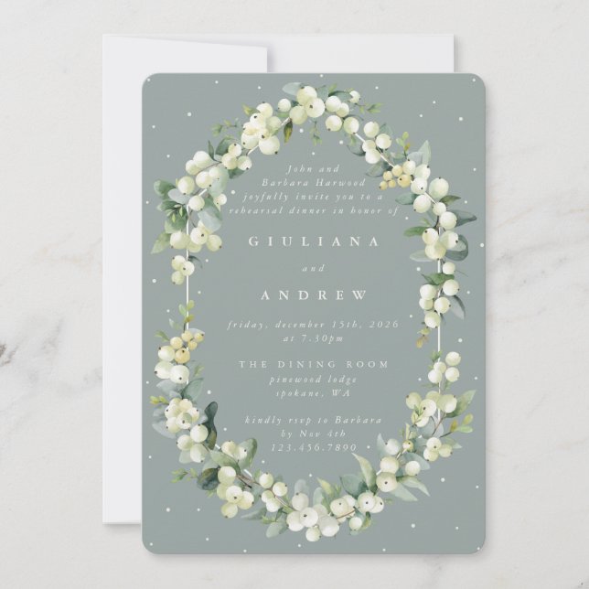 Seafoam Snowberry+Eucalyptus Wedding Rehearsal Invitation (Front)