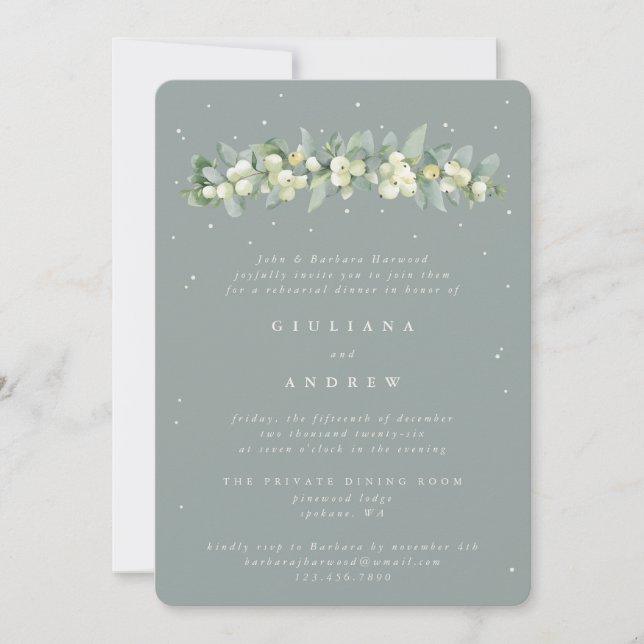 Seafoam Snowberry+Eucalyptus Wedding Rehearsal Invitation (Front)
