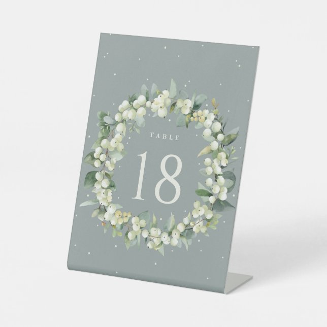 Seafoam Snowberry+Eucalyptus Wedding Table Number Pedestal Sign (Front)