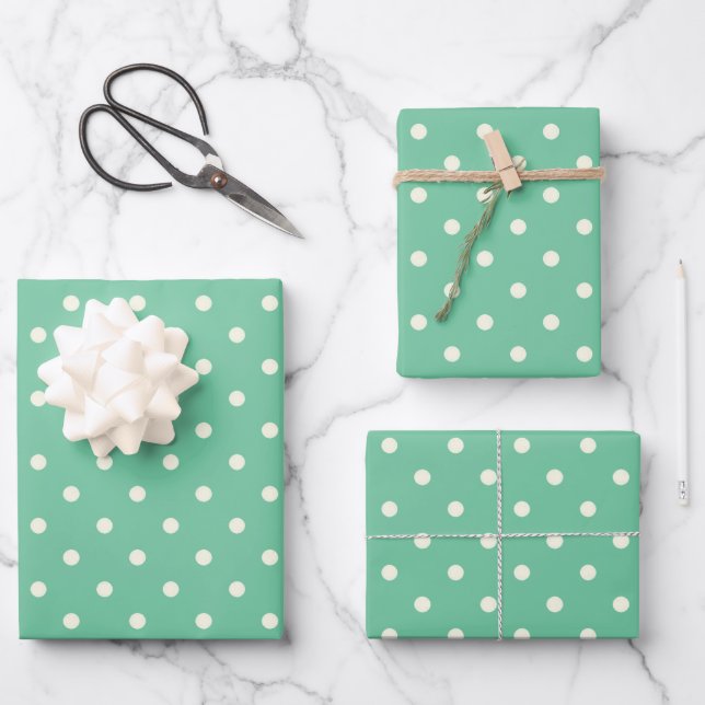 Seafoam Soft Pastel Green, White Polka Dot Pattern Wrapping Paper Sheet (Front)