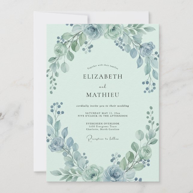 Seafoam Steel Blue Eucalyptus Wedding Invitation (Front)