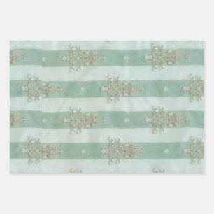 Seafoam Stiped Velvet-Look Diamond Trees Wrapping Paper Sheet