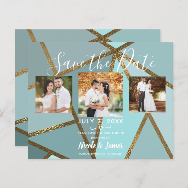 Seafoam Teal Bronze Modern Wedding Save the Date (Front/Back)