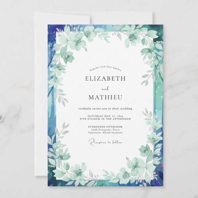 Seafoam Teal Leafy Wedding Invitation (Front)