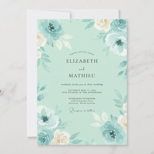 Seafoam Teal Petal Wedding Invitation (Front)