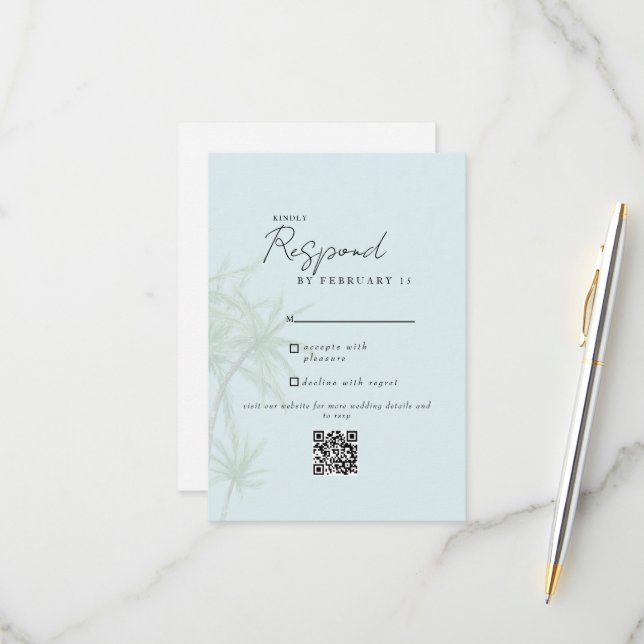 Seafoam Tropical Modern Wedding QR Code RSVP II Card (Front/Back In Situ)