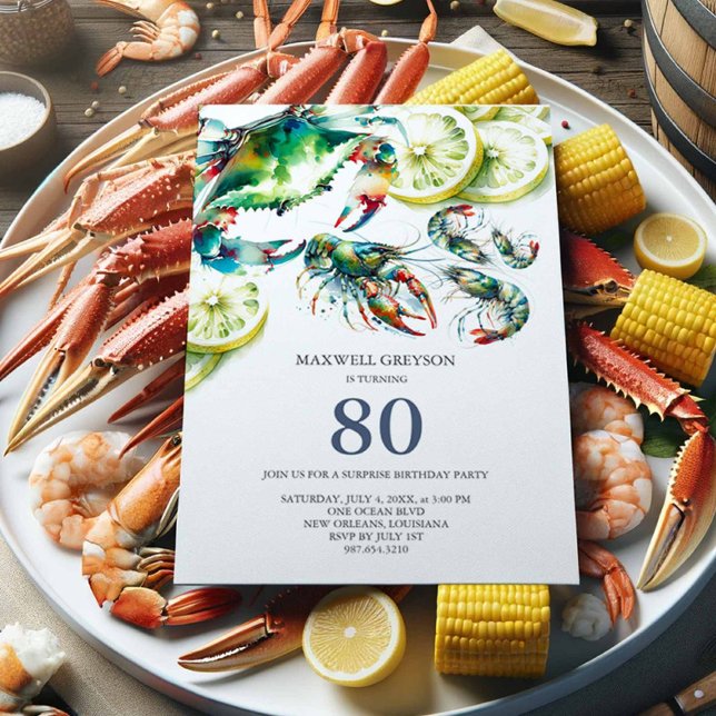 Seafood Boil 80th Birthday Invitations (80th birthday invitations for a man watercolor seafood boil cajun style crab, shrimp and crawfish)