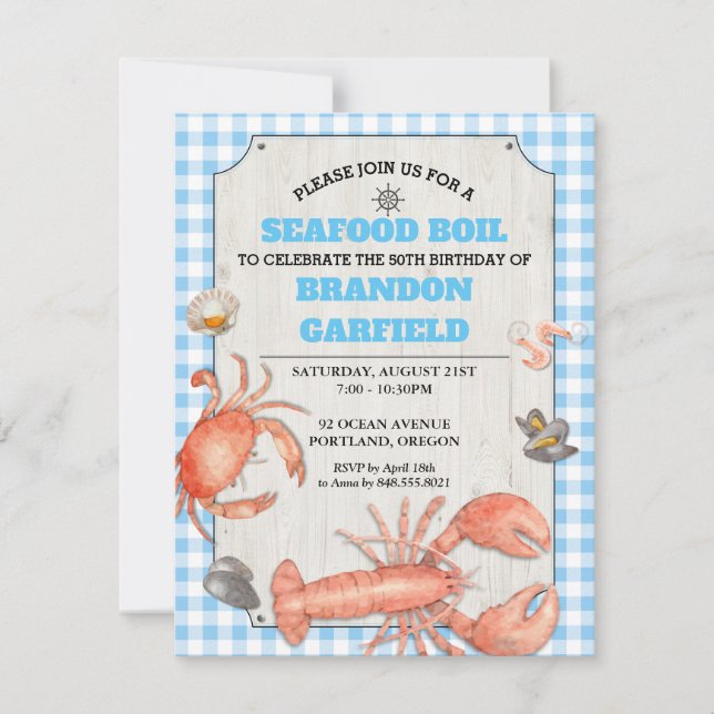 Seafood Boil Blue Gingham and Wood Party Invitation (Front)