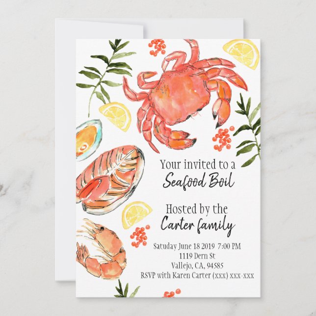 Seafood boil crab fish summer party invitation (Front)