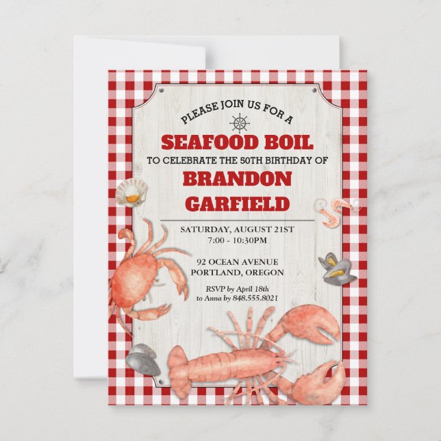 Seafood Boil Red Gingham and Wood Party Invitation (Front)