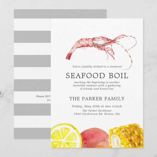 Seafood Boil Themed Party | Grey Stripes Invitation (Front/Back)