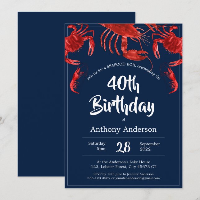 Seafood Boil Unique Red Dark Blue Birthday Party Invitation (Front/Back)