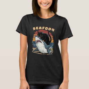 Seafood Cat Biting Shark Funny Ocean Sunset T-Shir T-Shirt