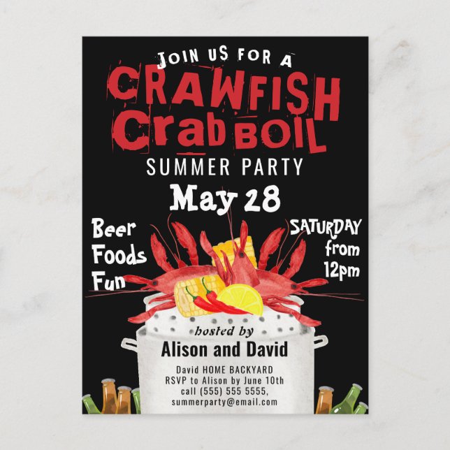 Seafood Crab Crawfish Boil Summer Party Invitation Postcard (Front)