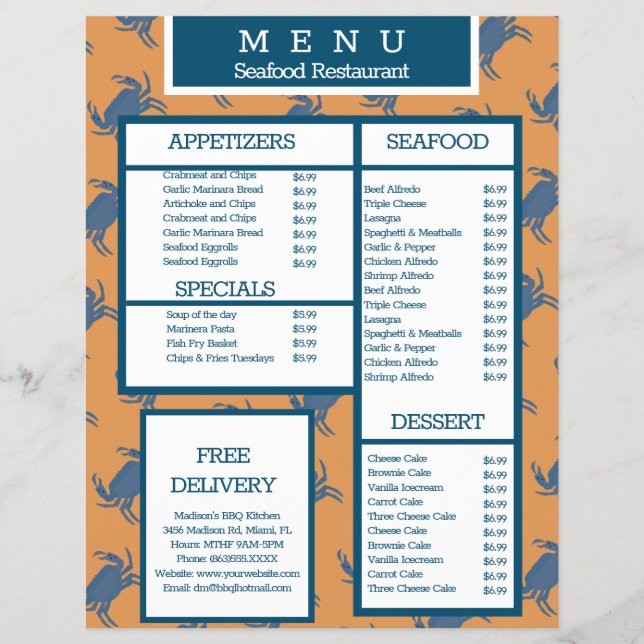 Seafood Crab Grill Restaurant Menu (Front)