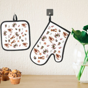 Seafood Crustacean Lobster Crab Beach House Oven Mitt & Pot Holder Set
