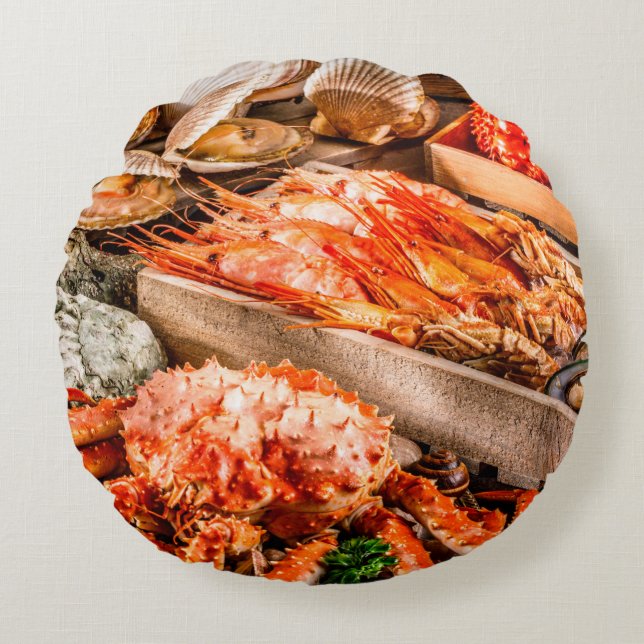 Seafood cuisine plate as an ocean gourmet dinner b round cushion (Front)
