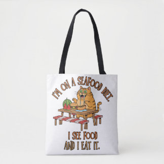 Seafood Diet Joke – Hungry Cat with Hot Dog Tote Bag
