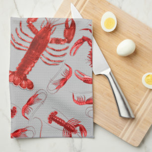Seafood Pattern Light Grey Rustic Crawfish Lobster Tea Towel