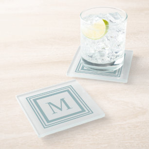 Seaglass and white  square border monogram glass coaster