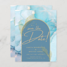 Seaglass INK Teal Aqua Blue Gold Wedding Save Date