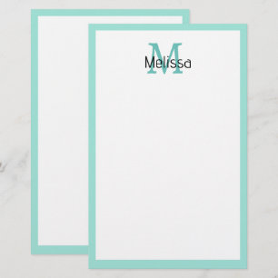 Seaglass Sea Green Border Monogram Name Initial Stationery