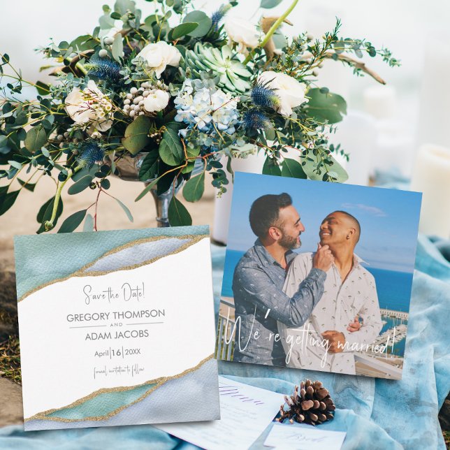 Seaglass Watercolor Gold Accent Wedding Photo Save The Date (Creator Uploaded)