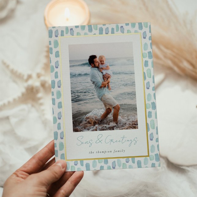 Seaglass Watercolor | Modern Minimal Coastal Photo Foil Holiday Card (Creator Uploaded)