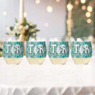 Seaglass Wedding Couple - His Hers pale green Stemless Wine Glass