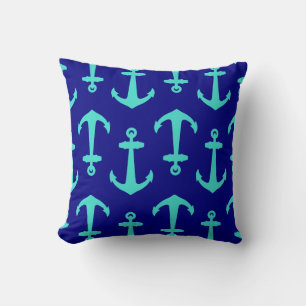 Seagreen Anchor On White Coastal Pattern Decor Cushion