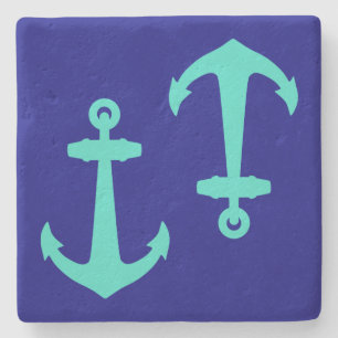 Seagreen Anchor On White Coastal Pattern Decor Stone Coaster