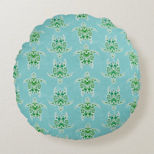 Seagreen Tribal Green Sea Turtles Round Cushion