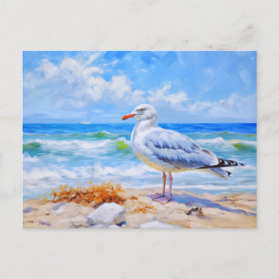 Seagul on beach of baltic sea. impressionistic art postcard