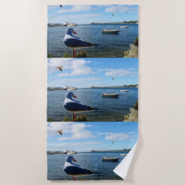 Seagull And Boats On Ocean, Beach Towel (Front)