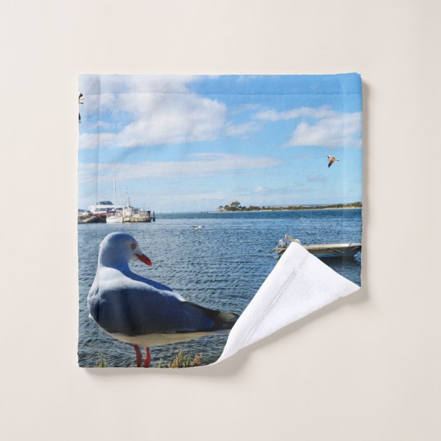 Seagull And Boats On Ocean, Washcloth Wash Cloth (Wash Cloth)
