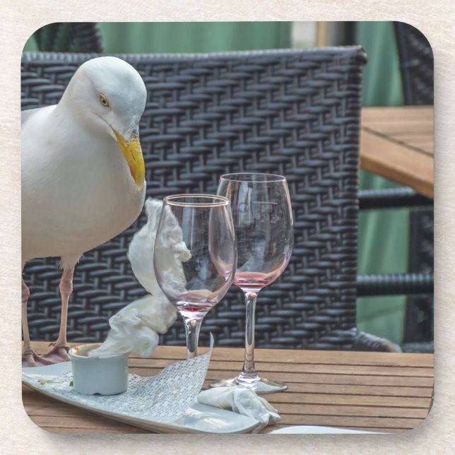 Seagull and empty glasses hard plastic coasters (Front)