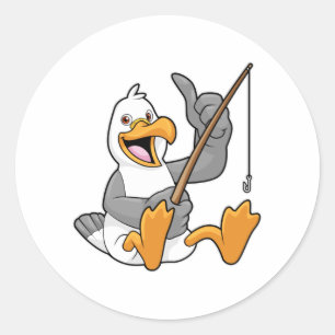 Seagull at Fishing with Fishing rod Classic Round Sticker