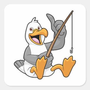Seagull at Fishing with Fishing rod Square Sticker