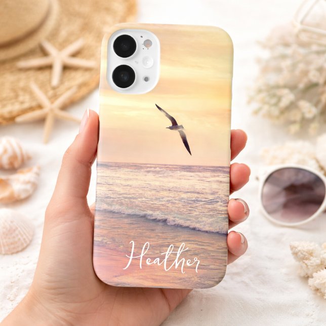 Seagull at Florida Sunrise Beach Name Case-Mate iPhone Case (Sunrise with Seagull Bird Florida Beach Add Your Name Apple Phone Case)