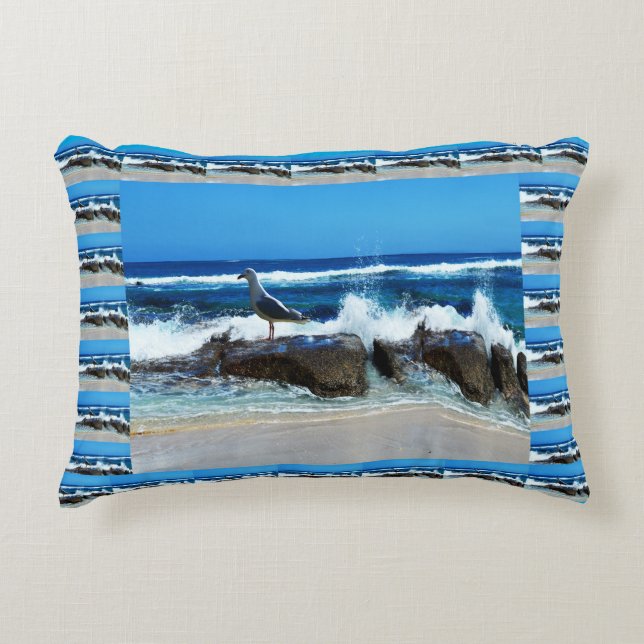 Seagull At The Beach On Rocks, Decorative Cushion (Front)