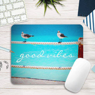 Seagull Beach Birds Photo Good Vibes Quote Script Mouse Mat