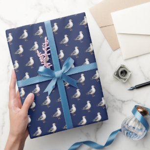 Seagull Bird Beach Ocean Coast Blue Watercolor Wrapping Paper