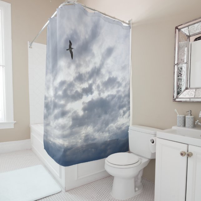 Seagull Bird flying Clouds Blue Photo 80 Shower Curtain (In Situ)