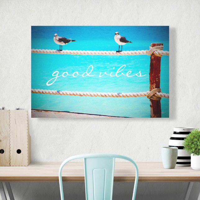 Seagull Birds Ocean Photo Good Vibes Typography Canvas Print (Creator Uploaded)