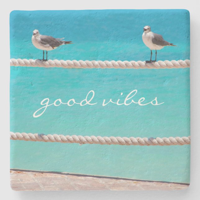 Seagull Birds Turquoise Ocean Photo Good Vibes  Stone Coaster (Front)