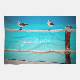 Seagull Birds Turquoise Ocean Photo Good Vibes Tea Towel