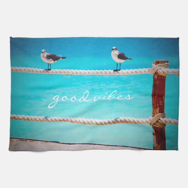Seagull Birds Turquoise Ocean Photo Good Vibes Tea Towel (Horizontal)