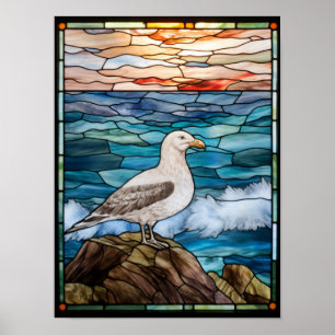 Seagull by the Ocean Stained Glass Window Design C Poster